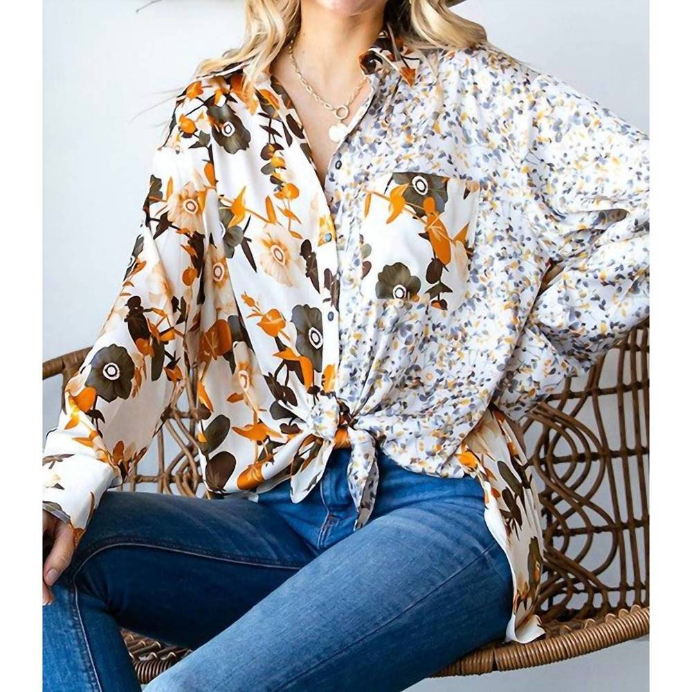 NEW FIRST LOVE floral block button down satin shirt in ivory